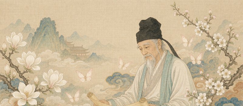 工笔国风插画：古代文士双手展开卷轴细读，四周祥云缭绕、玉兰与粉蝶纷飞，远处山峦楼阁隐于云雾